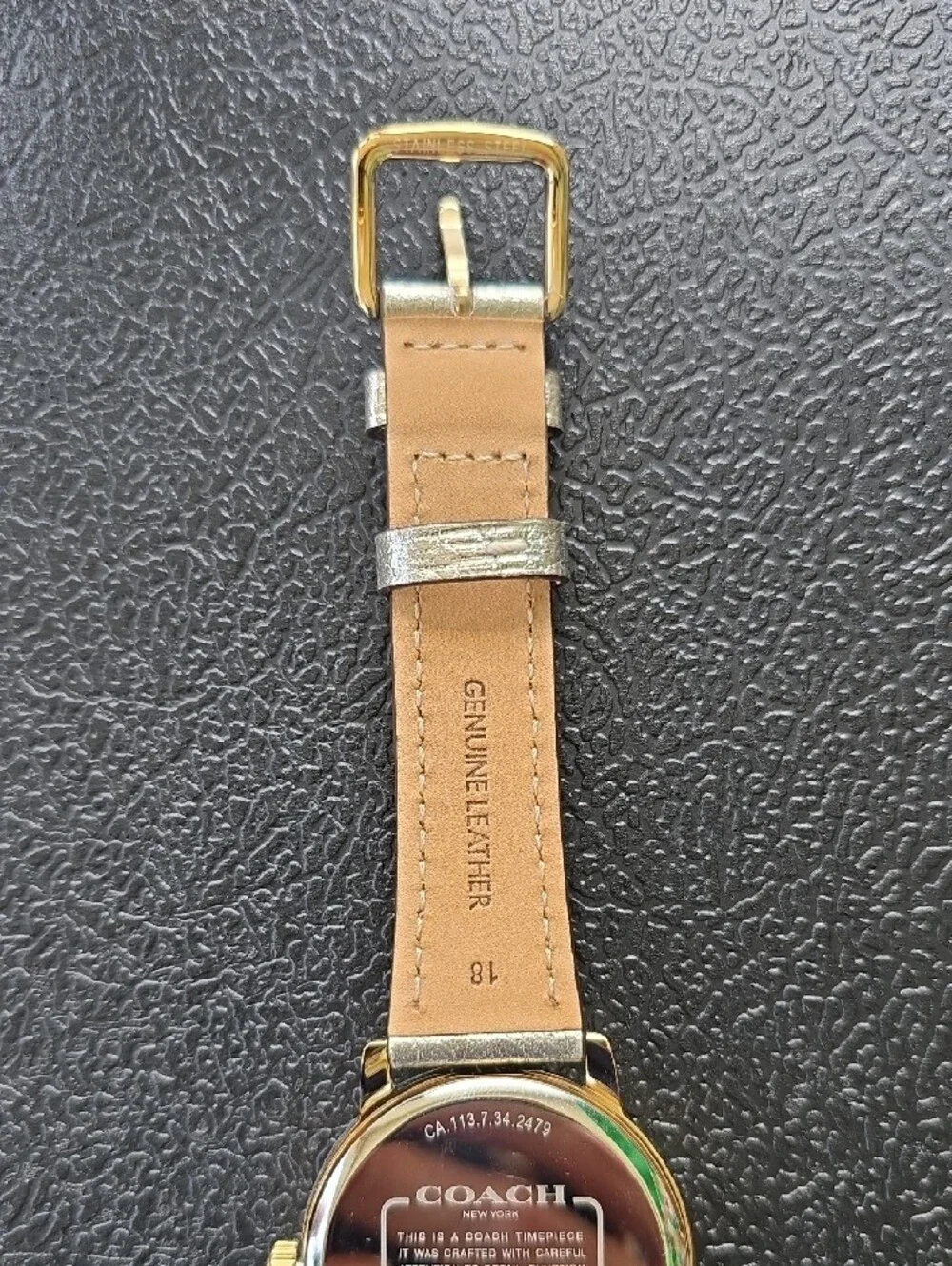 Coach Womens Gold Glitter Dial Watch with Gold-Tone Leather Strap. New Battery.